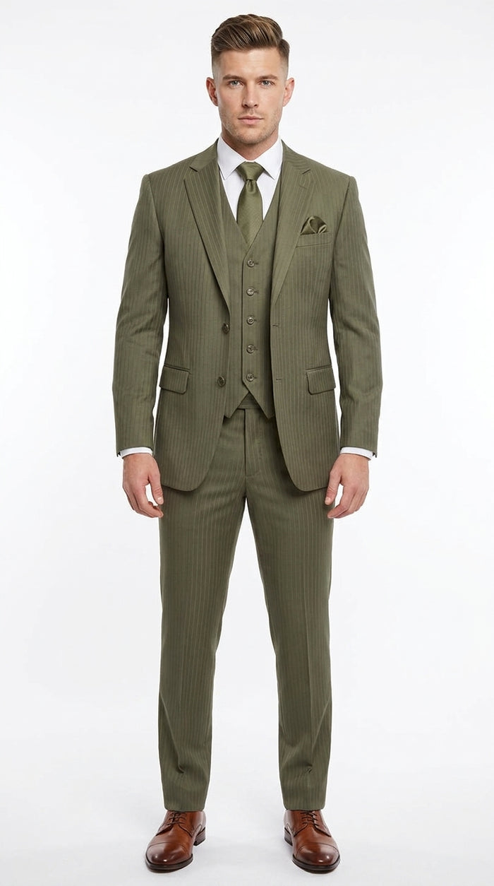 Men’s Olive Green Tone-on-Tone Shadow Pinstripe  3 Piece Suit – Modern Formal Suit with Vest Shadow Stripe