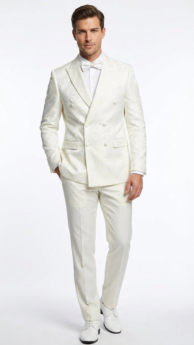 Men’s Ivory Double Breasted Tuxedo Dinner Jacket – Textured Blazer Paisley Texture Pattern in Off White Cream Color + Bowtie