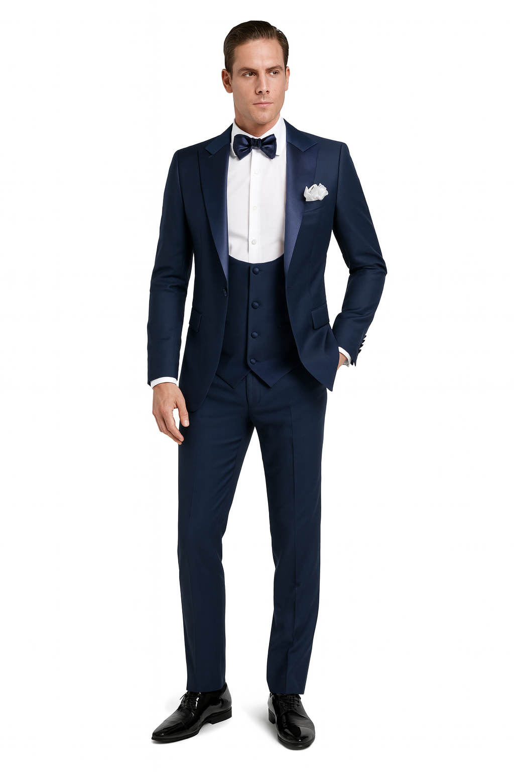 Men’s Navy Blue Tuxedo with Satin Peak Lapel with navy sateen  – 3 Piece Formal Suit with Vest and Bow Tie 4   - from alligatorwarehouse.com