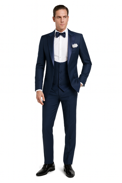 Men’s Navy Blue Tuxedo with Satin Peak Lapel with navy sateen  – 3 Piece Formal Suit with Vest and Bow Tie 4   - from alligatorwarehouse.com