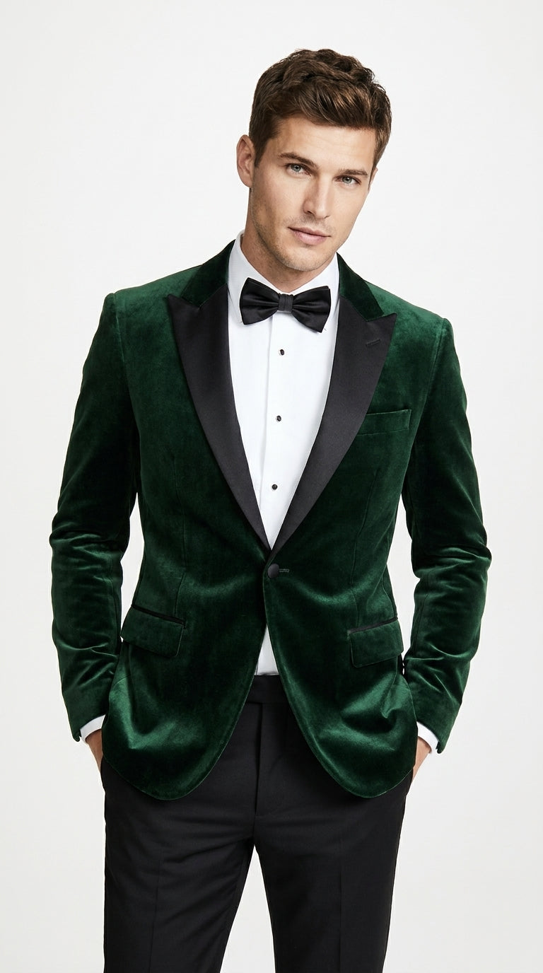 Men’s Olive Green Velvet Tuxedo Dinner Jacket – Black Satin Peak Lapel Formal Prom Wedding Blazer