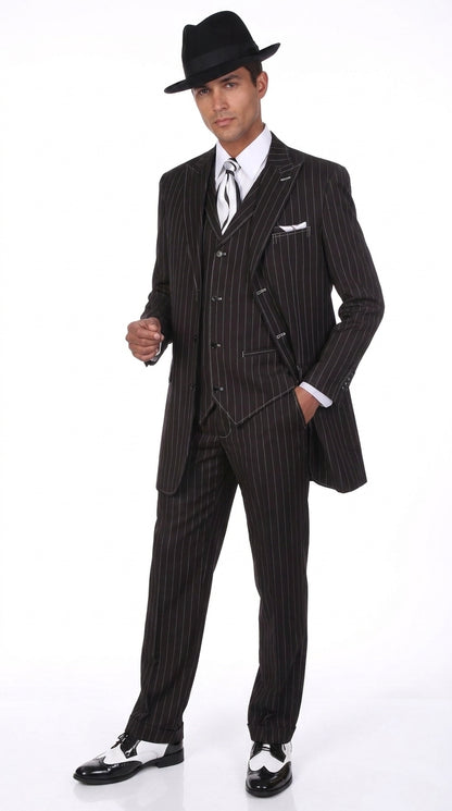 Men’s Black Pinstripe Zoot Suit – 3-Piece Gangster, Formal Suit 1920s Pimp Suit