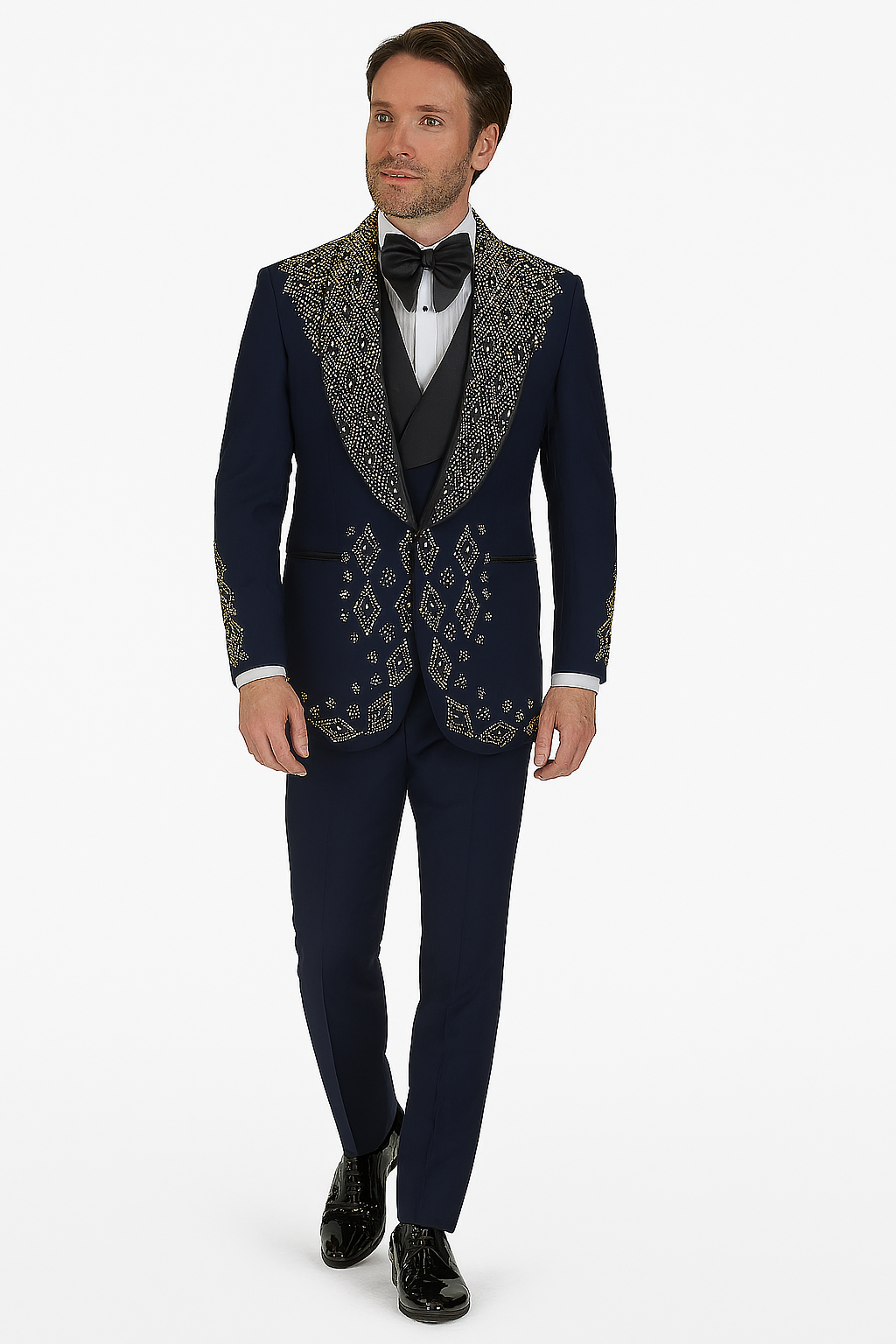 Men’s Navy Tuxedo with Gold Embroidery – Slim Fit Formal Dinner Jacket with Shawl Lapel