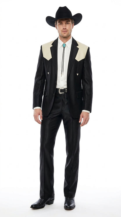 Men's Black Western Suit with White Shoulder Yoke – 2 Piece Cowboy Wedding Suit & Western Blazer with Matching Dress Pants