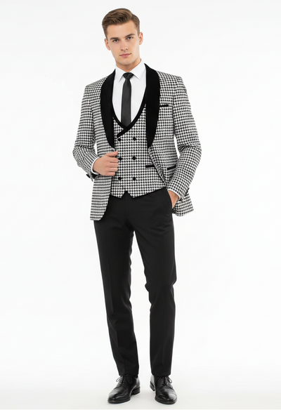 Men’s Black and White Houndstooth Tuxedo Set with Velvet Shawl Lapel | 3-Piece Formal Suit with Double-Breasted Vest