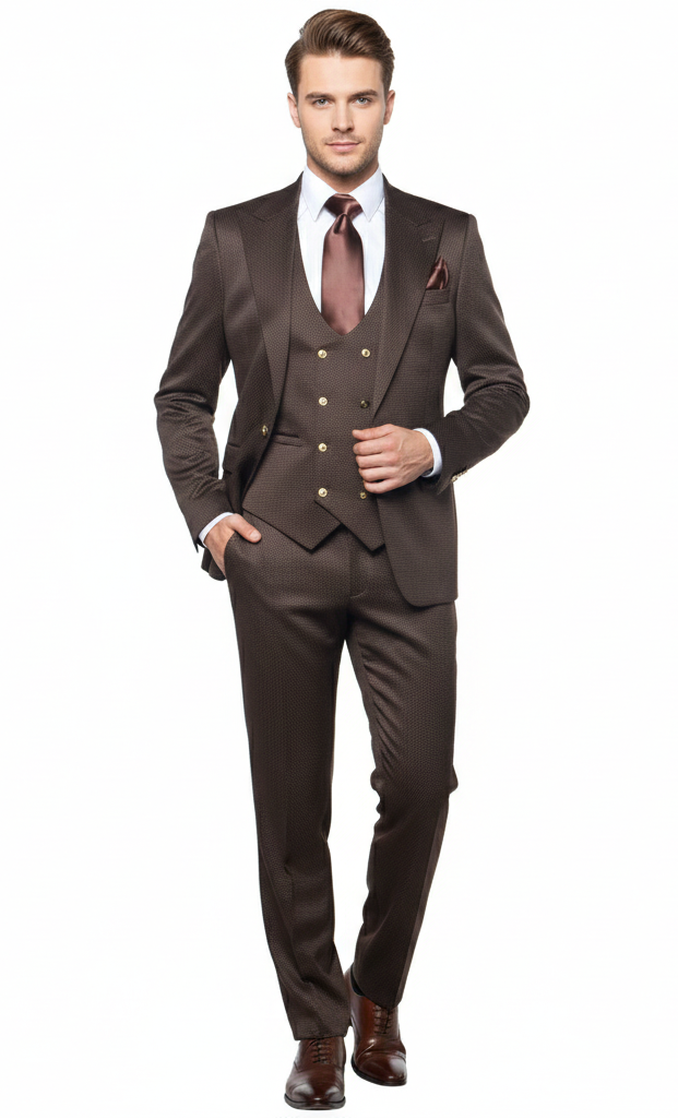 Men’s Chocolate Brown Textured 3-Piece Suit – Luxury Double-Breasted Vest Formal Set