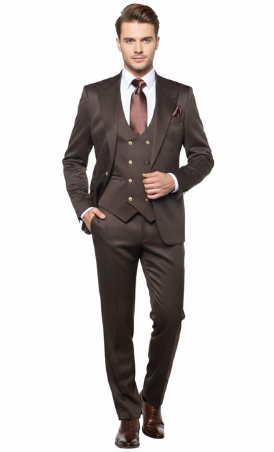 Men’s Chocolate Brown Textured 3-Piece Suit – Luxury Double-Breasted Vest Formal Set