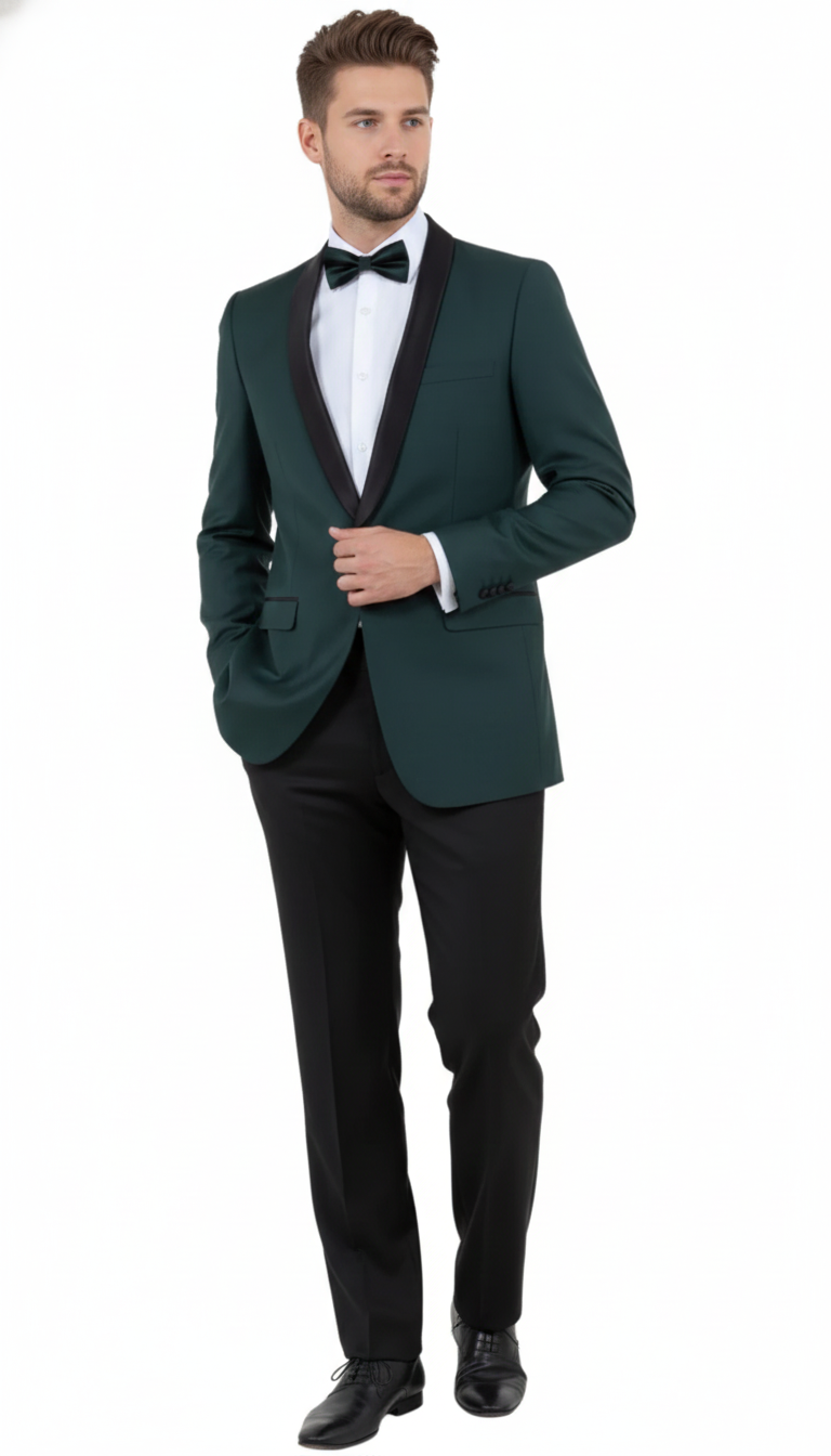 Men’s Green Tuxedo Suit – Slim Fit Jacket with Black Satin Shawl Lapel and Black Pants in Hunter Green