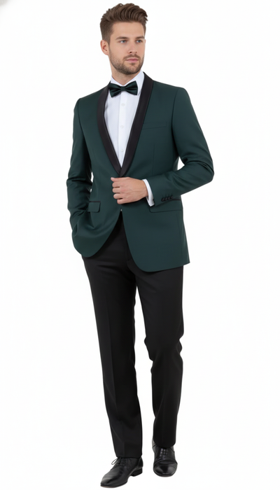 Men’s Green Tuxedo Suit – Slim Fit Jacket with Black Satin Shawl Lapel and Black Pants in Hunter Green 7   - from alligatorwarehouse.com