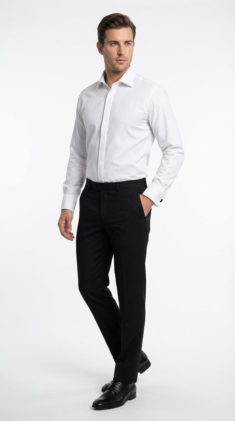 Mens White Herringbone Shadow and Tone on Tone Dress Shirt – Classic Formal Wedding