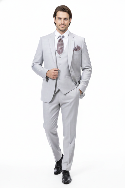 Men’s Very Light Gray Three-Piece  Wedding Suit 2 Buttons Modern or Slim Fit  Ash Bone Color Steel Grey 8   - from alligatorwarehouse.com