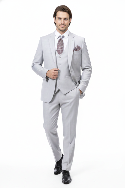 Men’s Very Light Gray Three-Piece  Wedding Suit 2 Buttons Modern or Slim Fit  Ash Bone Color Steel Grey
