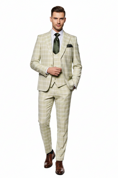 Men’s Light Beige Check 3-Piece Suit Set – Premium Tailored Fit Formal Wedding and Spring Event Suit Light Tan Sand Color By Rossiman 7   - from alligatorwarehouse.com