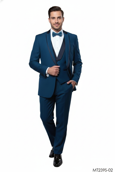 Men’s Teal Blue Tuxedo – 3-Piece Formal Suit with Satin Shawl Lapel, Vest, and Pants in Saphire Cobalt Blue Color
