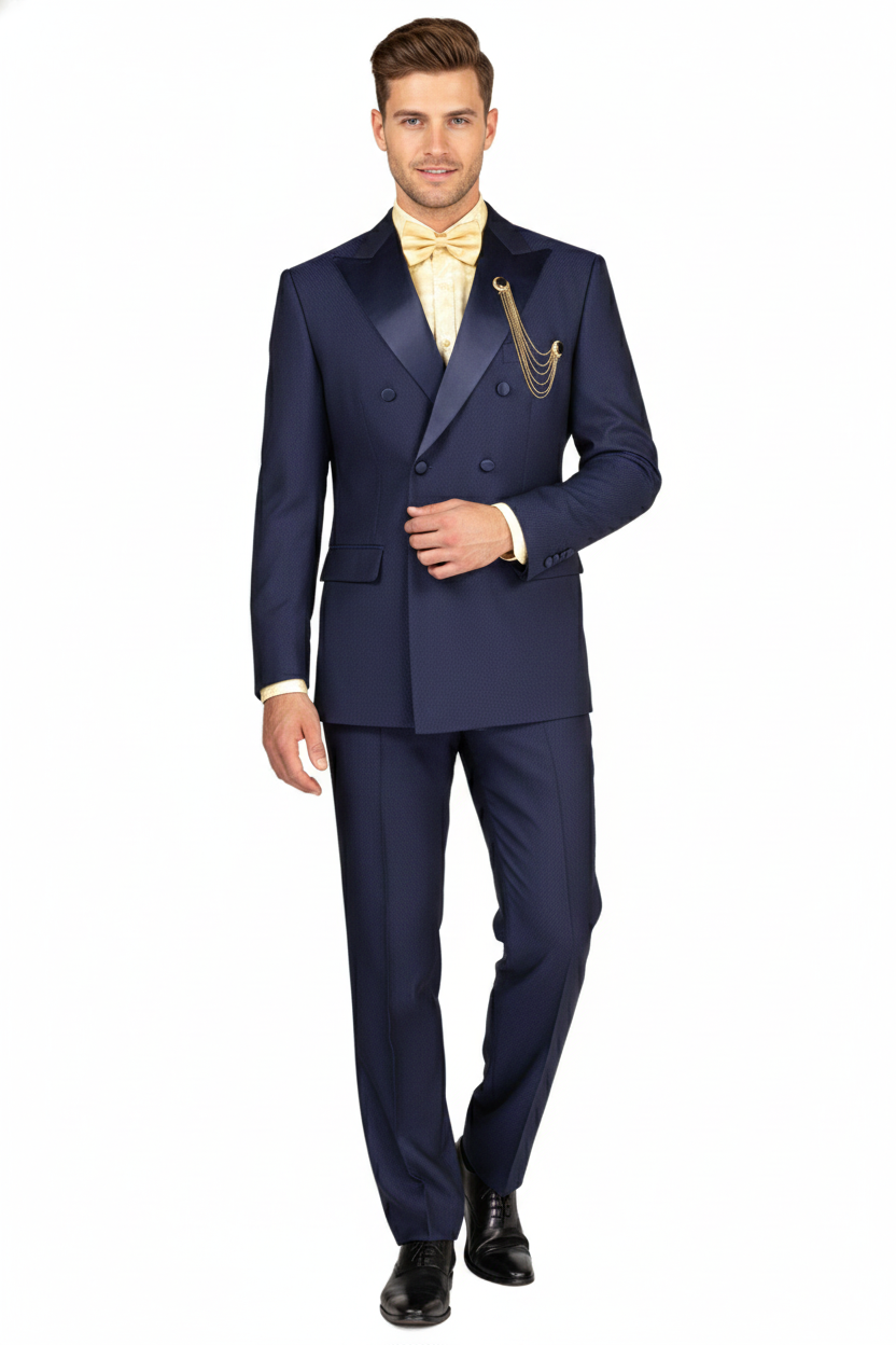 Men’s Navy Blue Double-Breasted Tuxedo with navy Satin Peak Lapel Wedding Suit