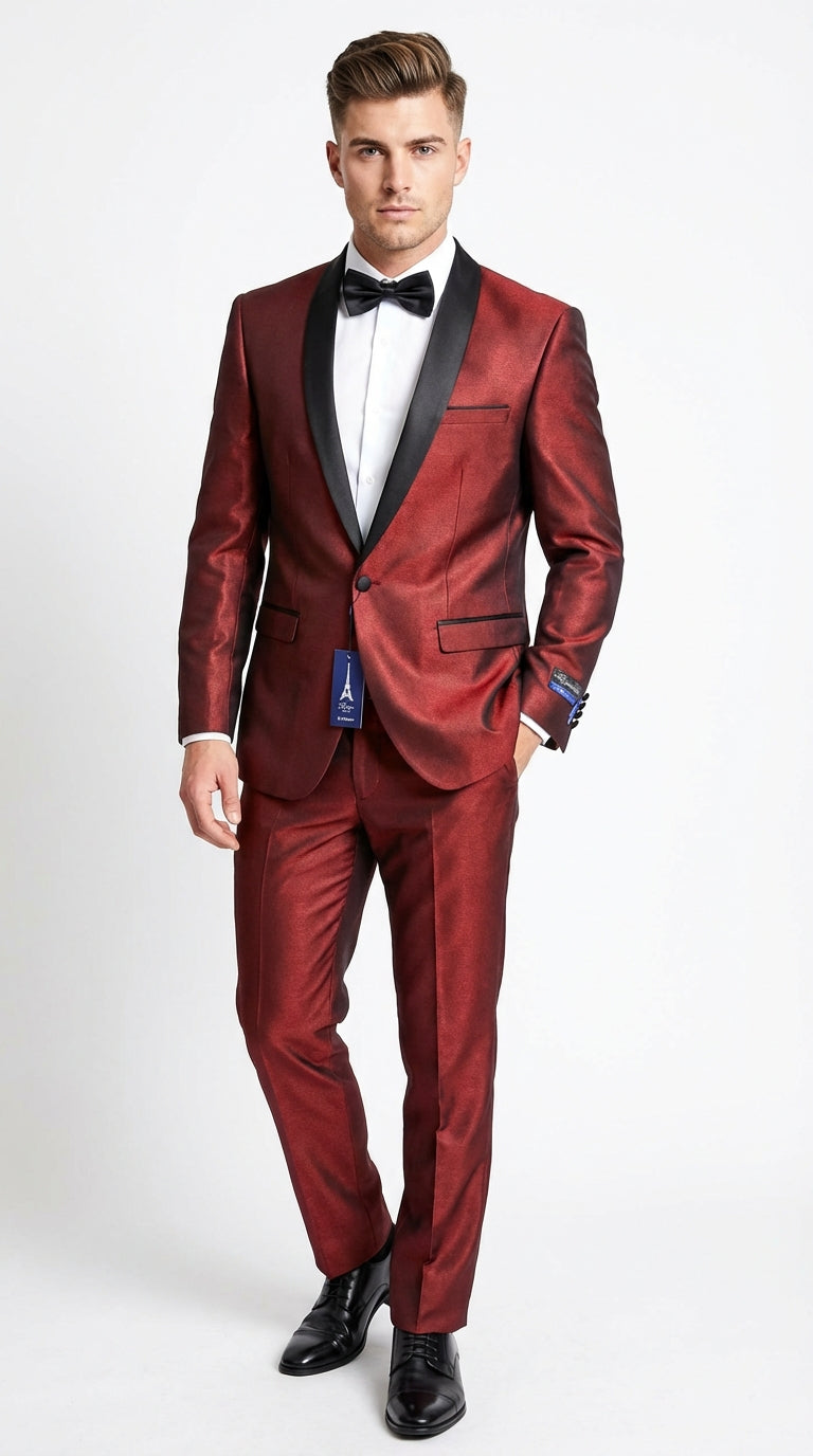 Men’s Shiny Burgundy Satin Tuxedo Jacket with Black Shawl Lapel | Formal Wedding & Prom Blazer - Sharkskin Fabric