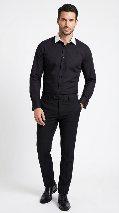 Men’s Black Dress Shirt with White Contrast Collar | French Cuff Cotton Poplin Formal Button-Up Shirt