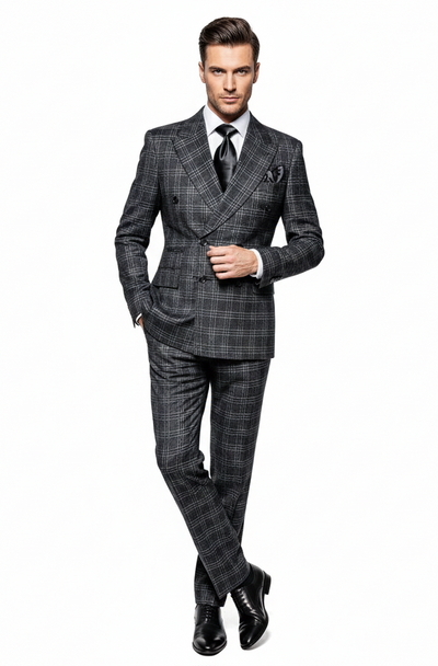 Men’s Charcoal Plaid Double-Breasted Suit –  Tailored Pants Windowpane Pattern By Rossiman 8   - from alligatorwarehouse.com