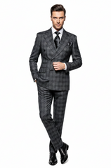 Men’s Charcoal Plaid Double-Breasted Suit –  Tailored Pants Windowpane Pattern By Rossiman