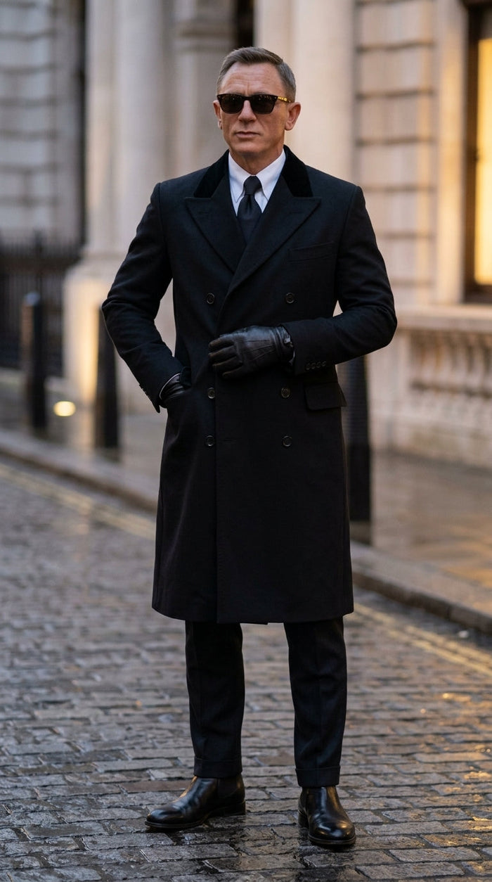Men’s Black Double Breasted Overcoat, James Bond Inspired Long Formal Coat for Weddings, Business Events, Parties, and Winter Occasions