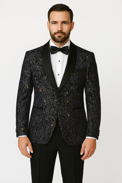 Mens Navy Black Glitter Floral Tuxedo Dinner Jacket with Satin Lapel- Blue Blazer Sequin Fabric 1   - from alligatorwarehouse.com