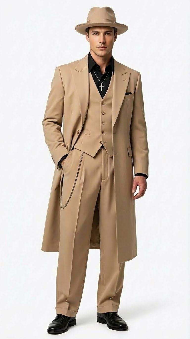 Men’s 1920s Beige Zoot Suit – Long Mafia Gangster Three-Piece Suit in Tan Khaki Color 40 inch Zuit Pachuco Suit