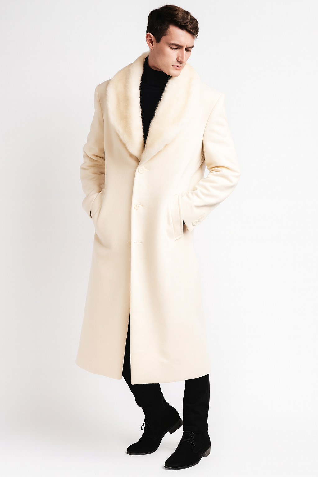 Men’s Ivory - Cream - Off White Full-Length Overcoat with Luxurious Faux Fur Shawl Collar – Winter Dress Coat 4   - from alligatorwarehouse.com