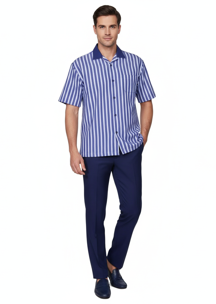 Men’s Blue and White Vertical Stripe Short Sleeve Shirt Set – Casual Summer Two-Piece Outfit