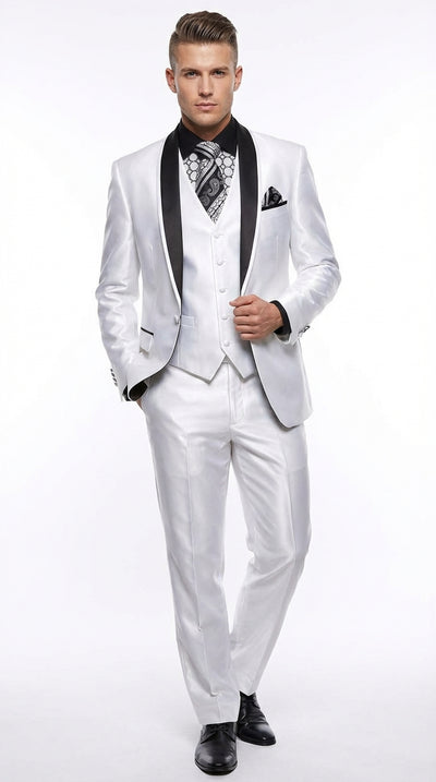 Men’s White Shiny Flashy Fabric Tuxedo Suit with Black Shawl Lapel | Luxury Formal Wedding and Evening Suits Sharkskin Metallic Fabric