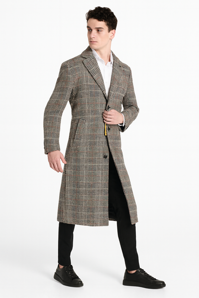 Men’s Full length  Long Plaid Overcoat – Classic Checkered Wool Blend Winter Coat in Gray Color Checkered 1   - from alligatorwarehouse.com