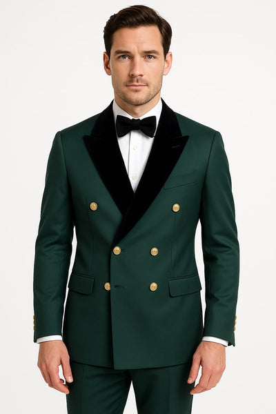 Men's Green Double-Breasted Wedding Tuxedo with Black Velvet Lapel and Gold Buttons 1   - from alligatorwarehouse.com