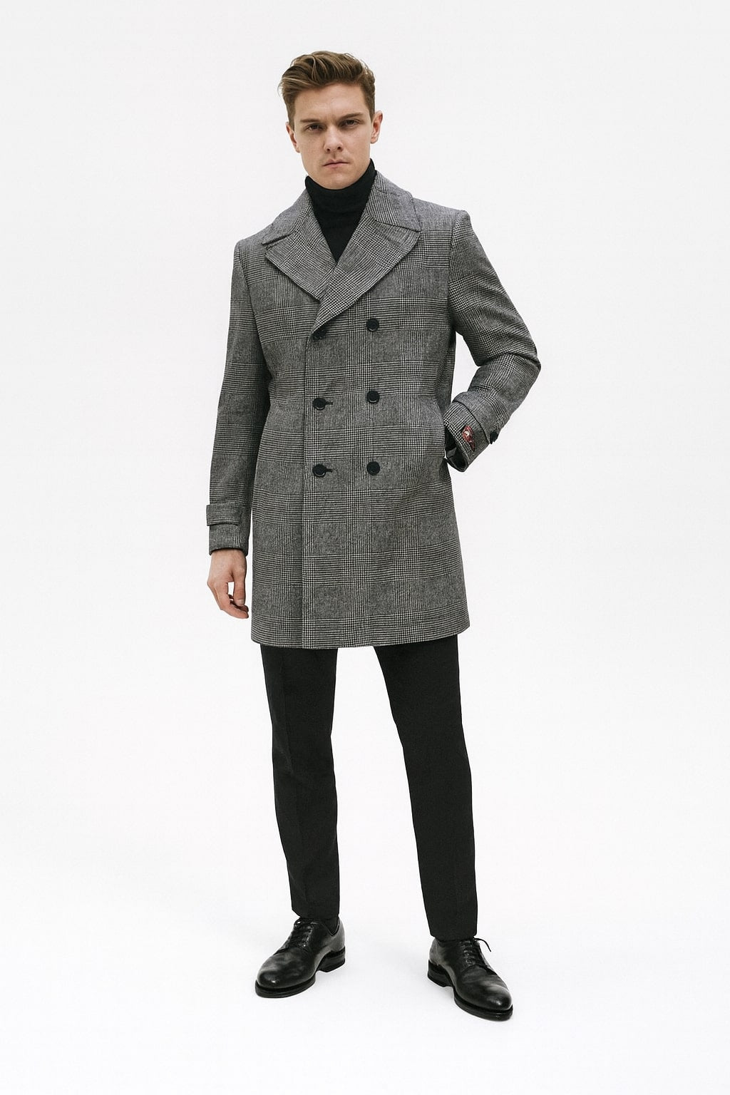 Mens Grey Plaid Double-Breasted Overcoat with Black Faux Fur Collar – Classic Winter Peacoat 1   - from alligatorwarehouse.com