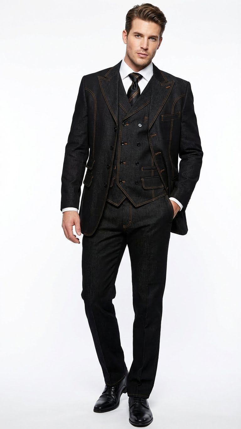 Men's Black Denim Fabric Suit – Classic Three Piece Denim Suit for Wedding, Prom and Church Wear