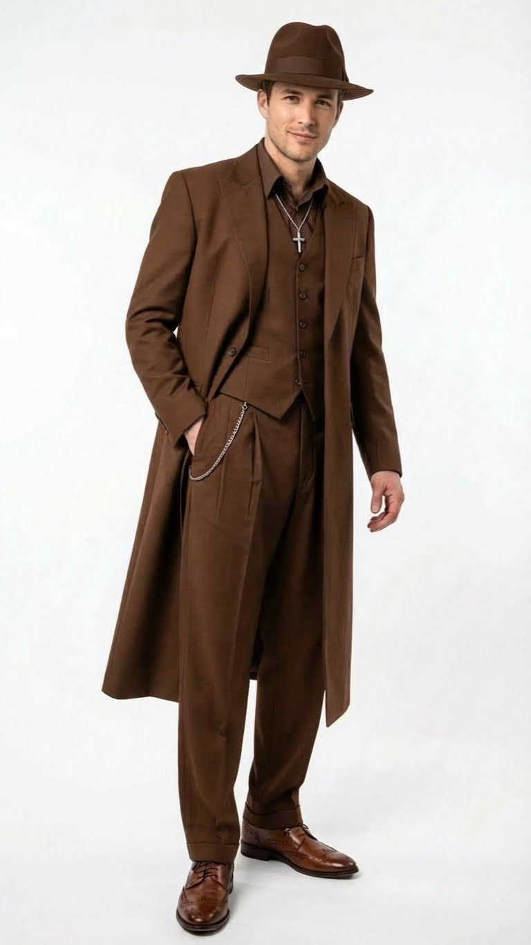 Men’s Brown 1920s Zoot Suit – Long Gangster Mafia Suit Vintage Three-Piece Costume Set Pachuco Style