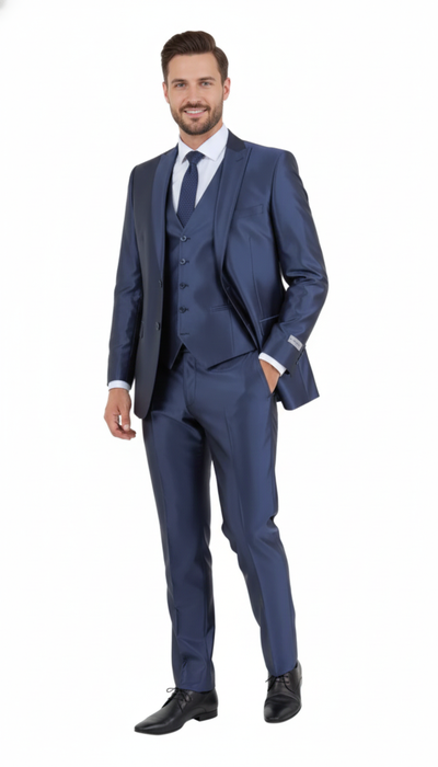 Men’s Navy Blue Shiny Finish 3-Piece Suit Set – Premium Tailored Fit Formal Wedding and Party Sateen Slim Fitted Suit 8   - from alligatorwarehouse.com