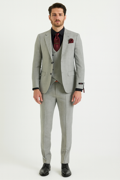 Men’s 3-Piece Light Grey Pinstripe Suit with Vest – Classic Business, Wedding, and Formal Attire 3   - from alligatorwarehouse.com