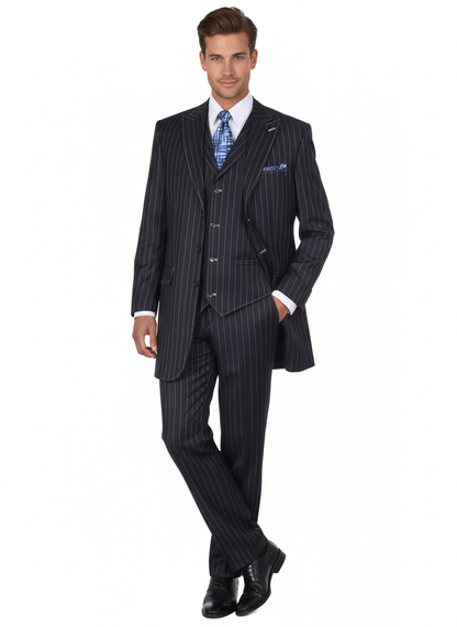 Men's Three Button Suits -  Navy Blue Pinstripe Three-Piece Suit – Classic Business and Formal Wear with Tailored Fit