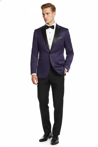 Men’s Purple Paisley Tuxedo Jacket – Ultra Slim Fit Dinner Blazer with Black Satin Peak Lapel 1   - from alligatorwarehouse.com