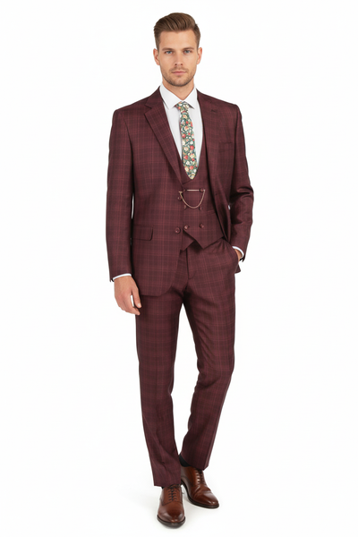 Men’s Burgundy Checkered 3-Piece Suit – Windowpane Classic Fit Plaid Blazer with Vest and Pants 1   - from alligatorwarehouse.com