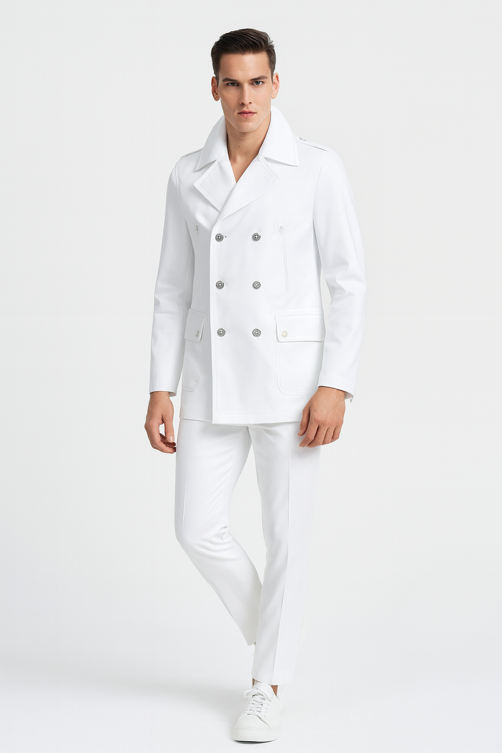 Men’s White Double-Breasted Peacoat Jacket – Classic Stylish Outerwear Wool Fabric Slim Fitted 2   - from alligatorwarehouse.com