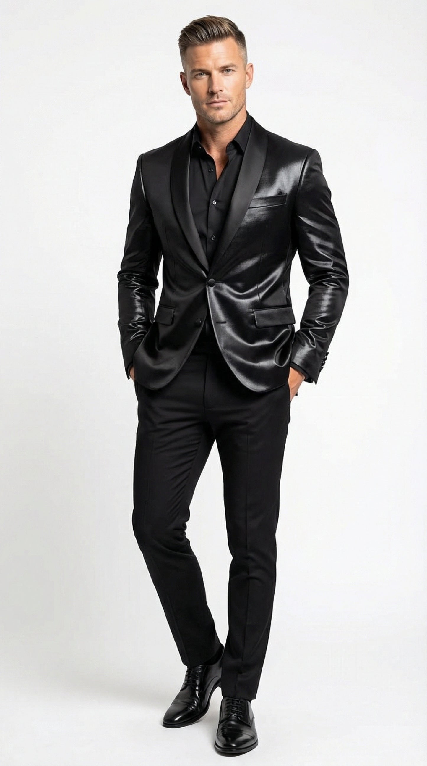 Men’s Shiny Black Tuxedo Blazer – Glossy Formal Jacket for Party Dinner Jacket Shawl Collar