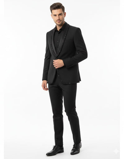Mens Classic Black Designer Tuxedo Suit with Beaded Lapel – Elegant Formal and Party Wear Jacket and Pants 2   - from alligatorwarehouse.com