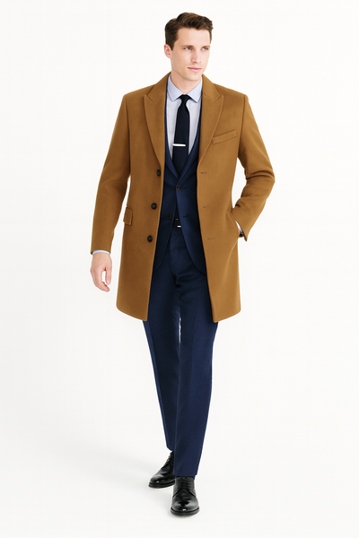 Men’s Camel Brown Wool Overcoat – Classic Long Dress Coat for Business and Casual Wear in Vecuna Color 4   - from alligatorwarehouse.com