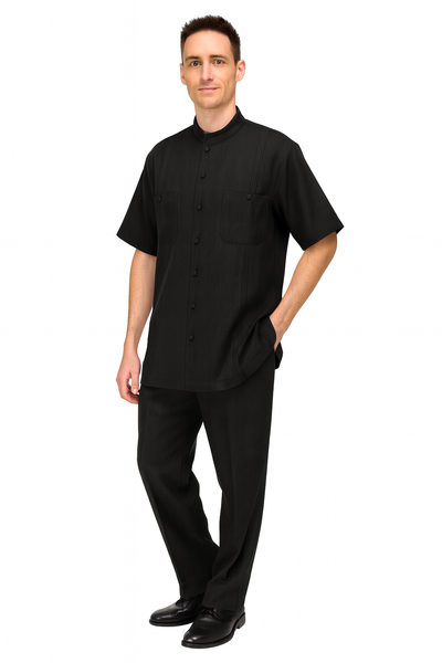 Men’s Black Banded Collar Walking Suit – Short Sleeve Shirt and Matching Pants Banded Collar Linen Fabric 3   - from alligatorwarehouse.com