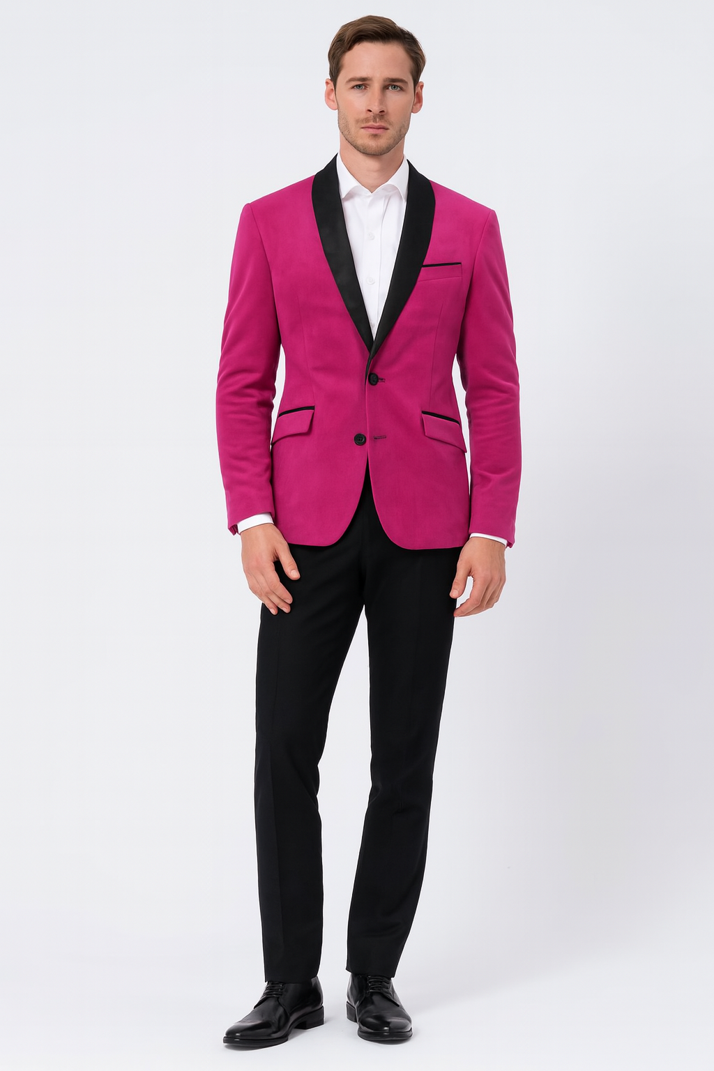 Men’s Fuchsia Tuxedo Blazer with Black Satin Lapel – Stylish Party and Wedding Jacket in Hot Pink Color with Black Pants 1   - from alligatorwarehouse.com