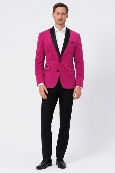 Men’s Fuchsia Tuxedo Blazer with Black Satin Lapel – Stylish Party and Wedding Jacket in Hot Pink Color with Black Pants 1   - from alligatorwarehouse.com