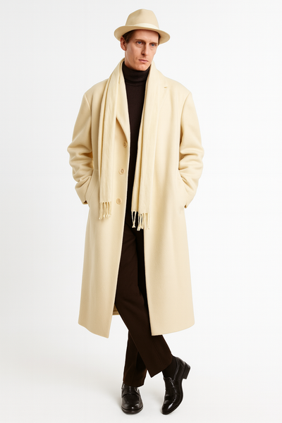 Men’s Long Cream Overcoat Wool Fabric in Ivory Off White Color Full length 3   - from alligatorwarehouse.com