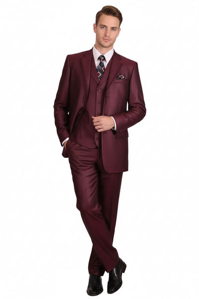 Mens Burgundy 3-Piece Suit – Burgundy Three Buttons Vested Suit - Pleated Pants Classic Fit Athletic Cut 1   - from alligatorwarehouse.com