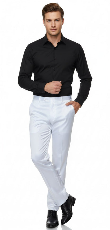 Mens White Satin Slim Fit Dress Pants – Shiny Formal Party and Wedding Trousers