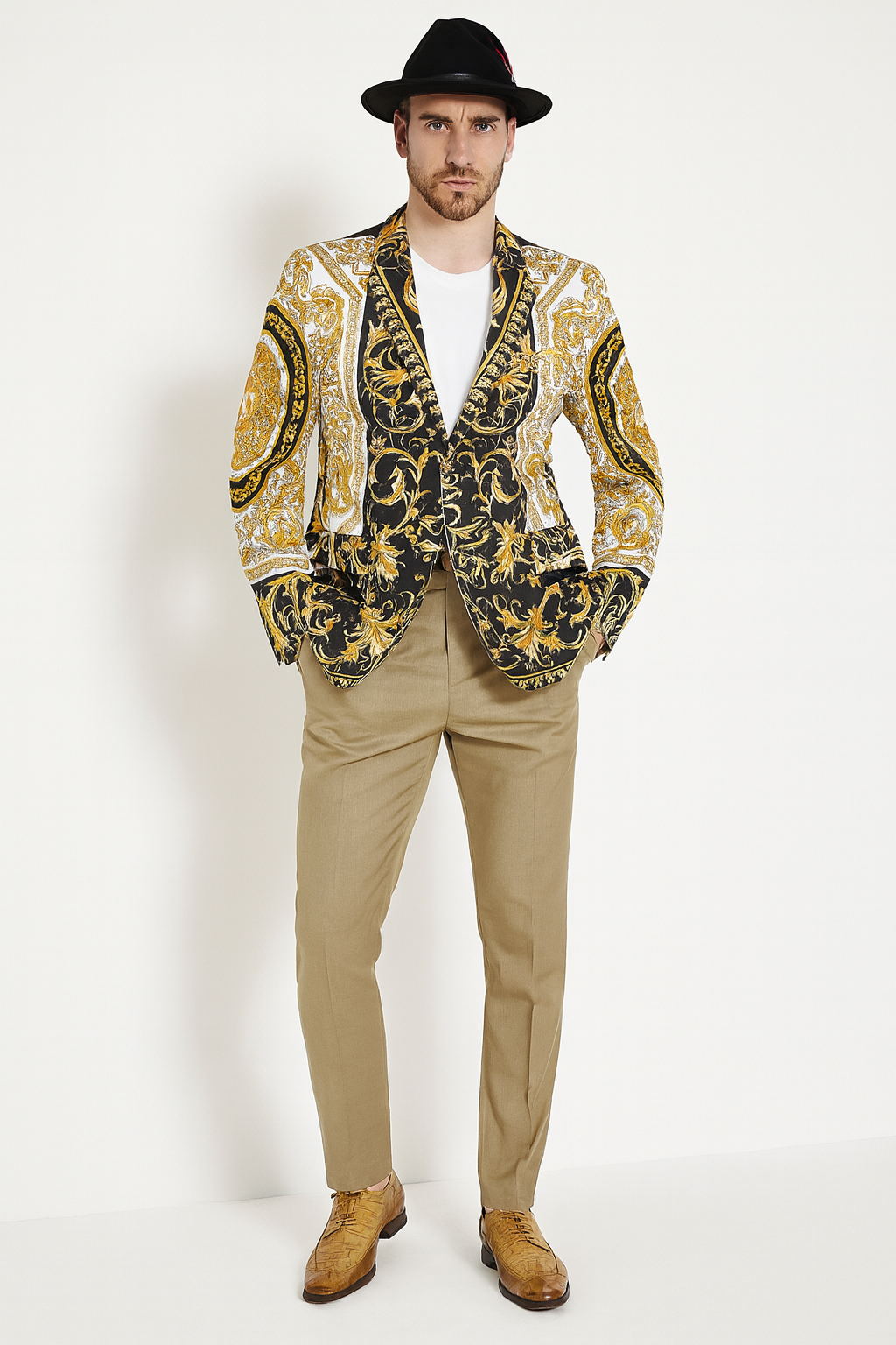 Men’s Black and Gold Baroque Blazer with Matching Pants, Hat, and Shoes – Luxury Party and Wedding Outfit Set